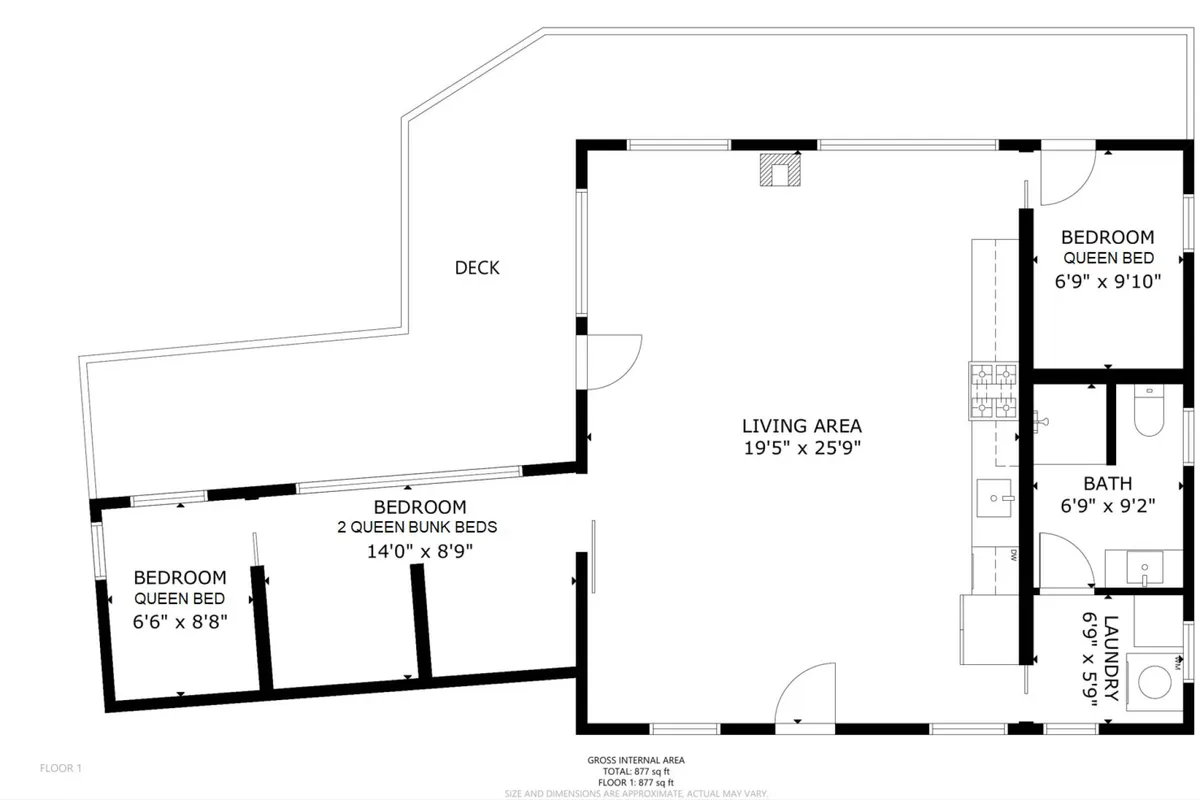 This image captures a welcoming living area that seamlessly connects to a deck and bedrooms, suggesting plenty of space for everyone—including pets—to relax and enjoy together. The inviting, communal layout is bright and open, making it easy to picture dogs lounging comfortably or joining in family time.